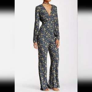 Free People Floral Print Jumpsuit in Blue and Beige, New, Sz 6